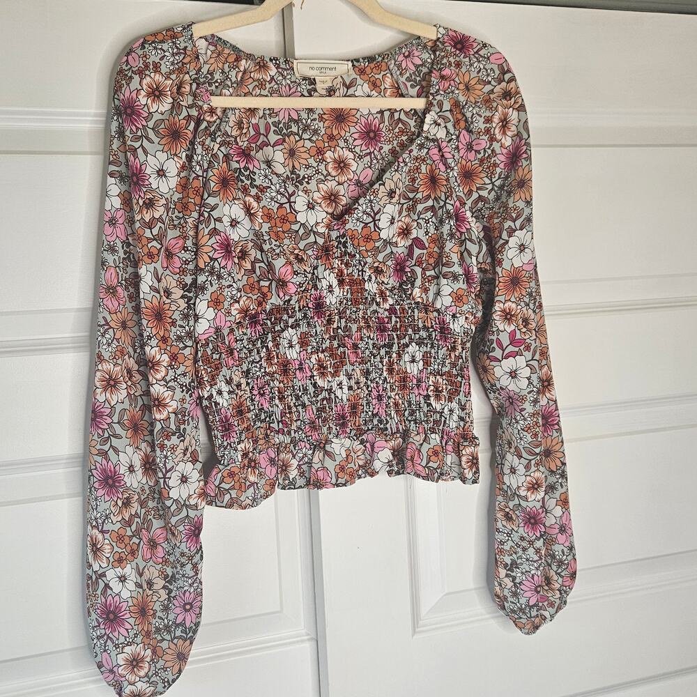 No Comment NY-LA Floral Smocked Crop Top Blouse Large Long Sleeve Retro Boho